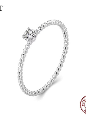 【送证书】百搭精致珠圈莫桑石叠搭戒指s925纯银莫桑钻简约指环女