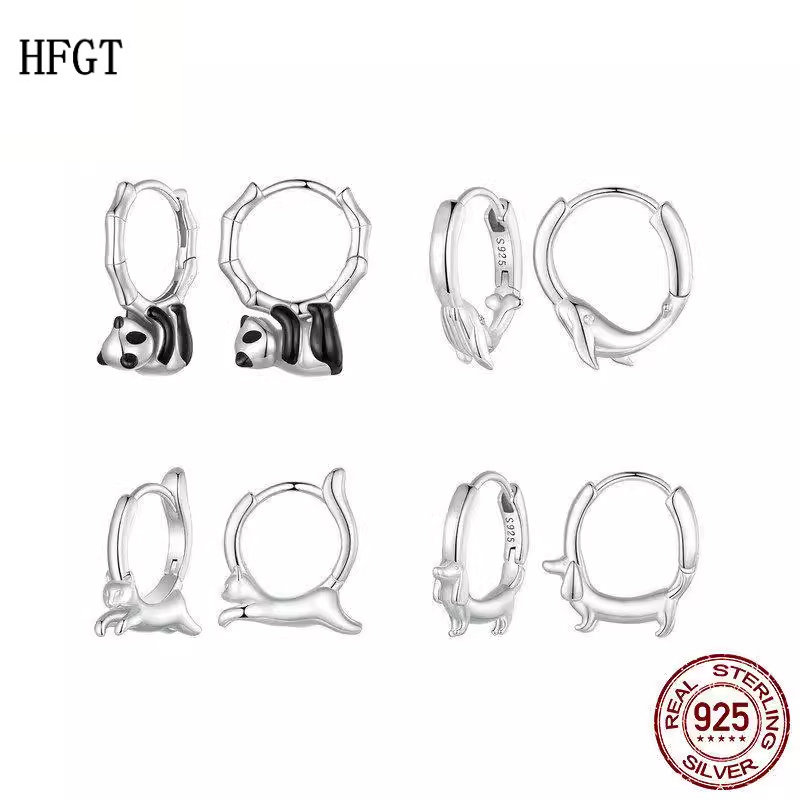 原创可爱动物系列腊肠狗小狗小猫咪纯银灵动熊猫海豚情侣圈圈耳环