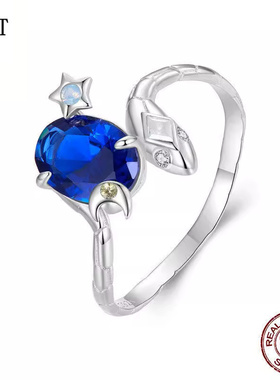 原创个性星月灵蛇戒指925纯银动物高端通勤手饰个性蛇形月亮饰品