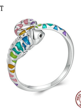 新款七彩变色龙开口戒指男女 个性时尚欧美风s925纯银戒指配饰女