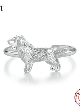 原创精致纹理小金毛开口戒指男女 可爱动物小狗925纯银戒指配饰女