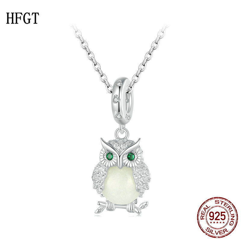 欧美原创灵动夜光猫头鹰diy吊坠项链 发光夜光石s925纯银锁骨链女