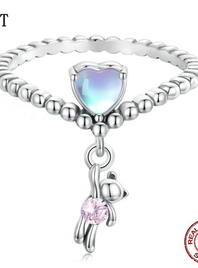 原创心形可爱小熊气球戒指女 个性少女感s925银爱心动物戒指手饰