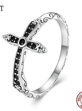 跨境黑色复古十字架戒指男女 欧美风情侣个性s925银花纹戒指手饰