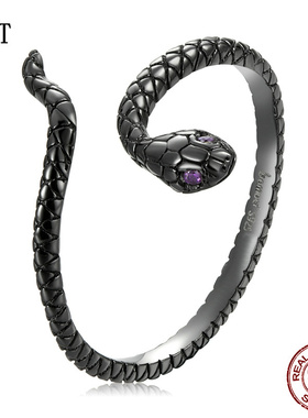 原创镀黑金名媛奢华银饰开口神秘灵蛇戒指男女复古蛇形指环银首饰