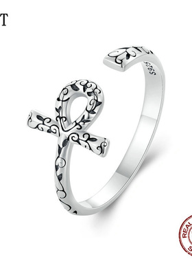 跨境复古花纹安卡十字架开口戒指男女 欧美神秘风925纯银戒指配饰