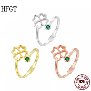 纯银s925四叶草开口戒指绿色锆石简约镂空植物百搭指环手饰首饰女