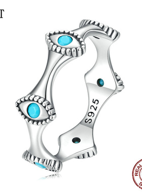 时尚简约S925纯银绿松石恶魔之眼戒指 蓝色松石幸运眼睛指环手饰