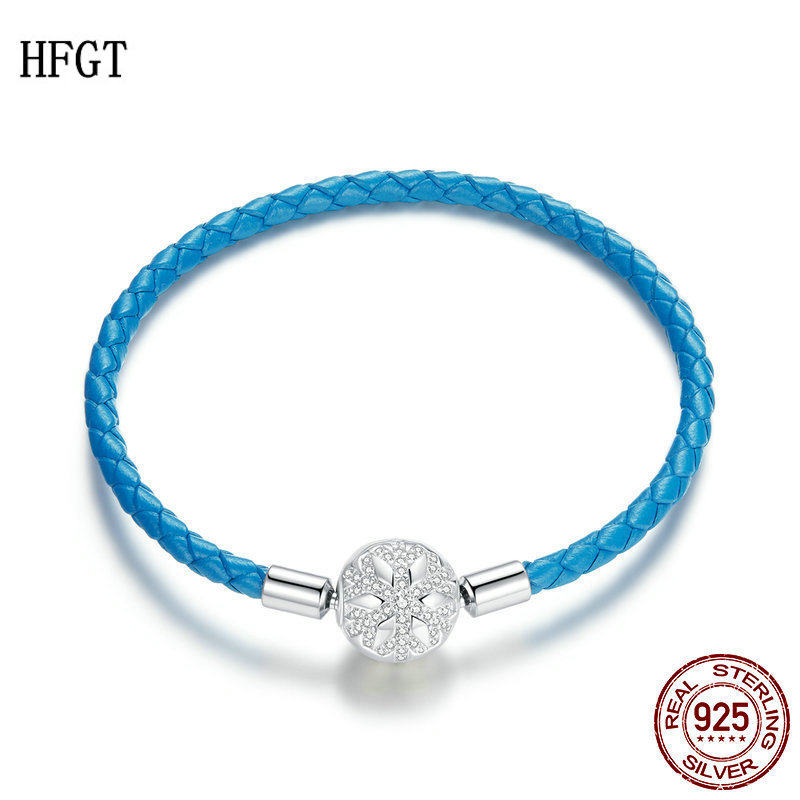 HFGT新品925纯银蓝色皮绳基础单链 皮革编织手链基础雪花手镯饰品