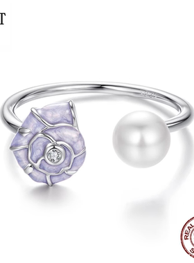 海洋梦幻海螺贝珠戒指海洋生物可调节开口戒s925纯银女饰品首饰女