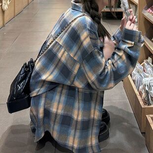 复古蓝棕格子磨毛衬衫 衬衣设计感外套上衣 女2026秋冬慵懒棉质长袖