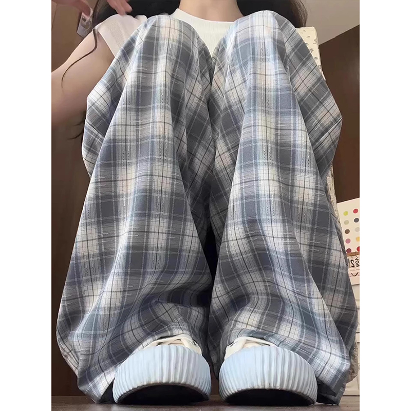 蓝色冰丝格子裤子女2025年夏季薄款高腰显瘦休闲小个子格纹阔腿裤