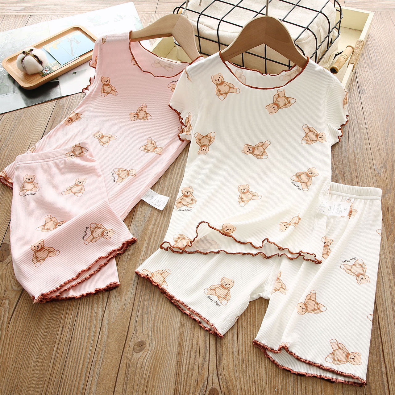 CHILDRENS PAJAMAS MODAL SUMMER THIN SHORT SLEEVE GIRLS SUMMER DRESS SET GIRLS ICE SILK SHORTS BABY LOUNGEWEAR