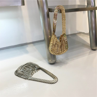 小脏柜 高级精致银色金属闪亮包包手工编织珠片亮片包手提女包包