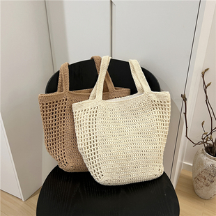 小脏柜 韩系ins慵懒风大容量棉线编织包镂空渔网度假风单肩沙滩包