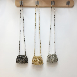 小脏柜 韩系少女复古金属色亮片包手工串珠时髦mini斜挎珠子包包