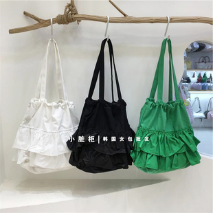 小脏柜 自制韩版文艺森系抽绳荷叶边裙摆女包单肩腋下帆布托特包