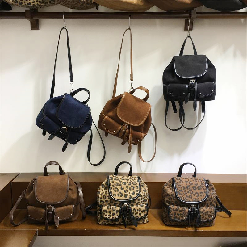 小脏柜 韩国小众休闲多口袋双肩包复古麂皮绒学院风旅行手提背包