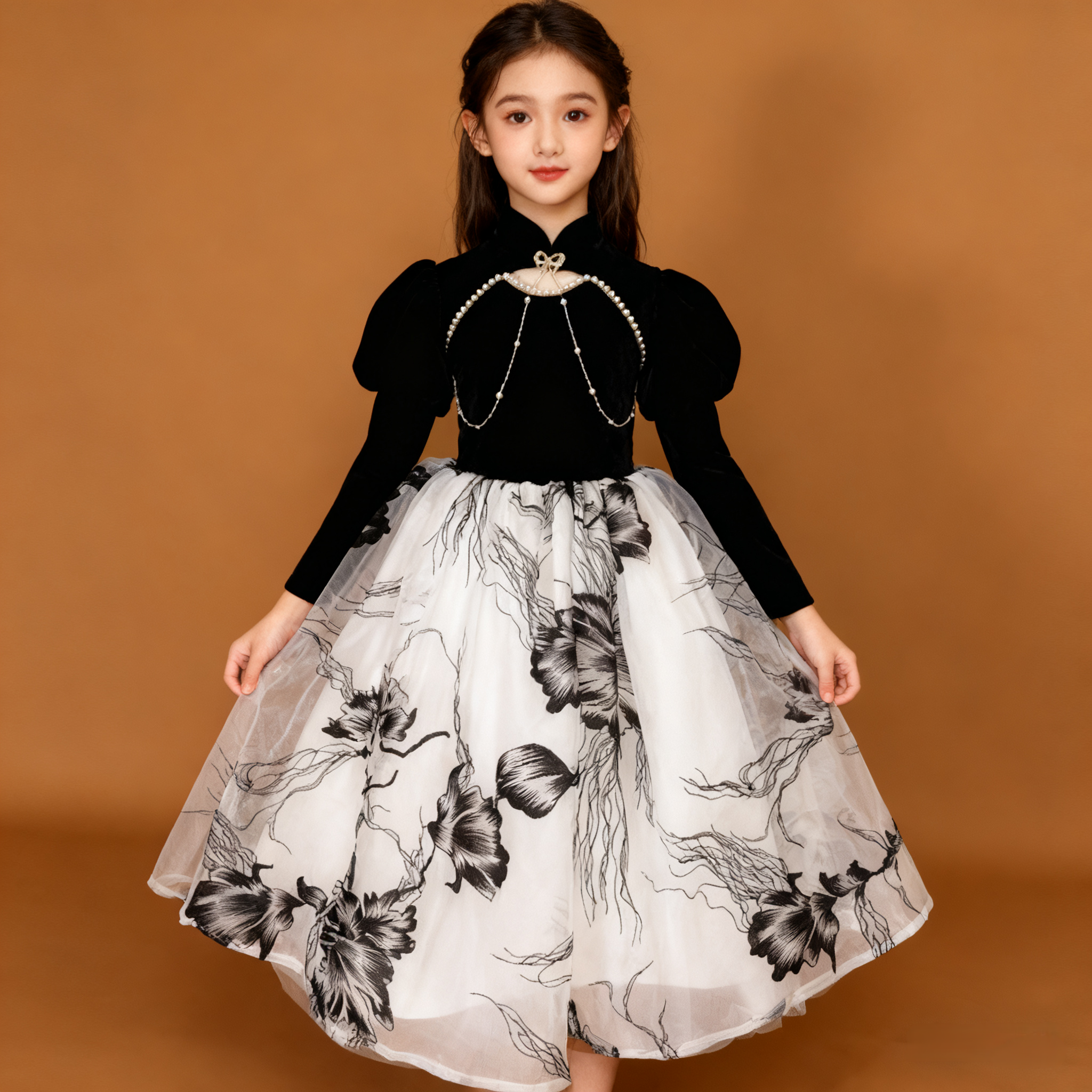 儿童黑色礼服轻奢小众高端走秀大摆裙女童水墨画国风中式公主裙10