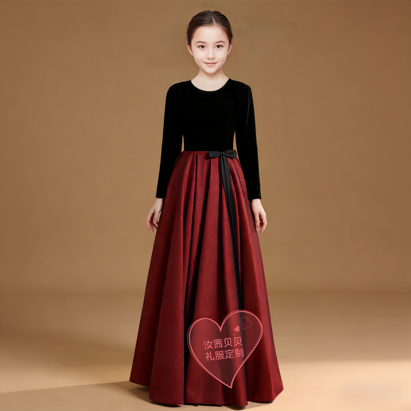 大合唱乐团女童高端礼服公主裙长袖拼色收腰大摆蓬蓬裙钢琴演出服