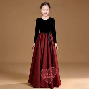 大合唱乐团女童高端礼服公主裙长袖 拼色收腰大摆蓬蓬裙钢琴演出服