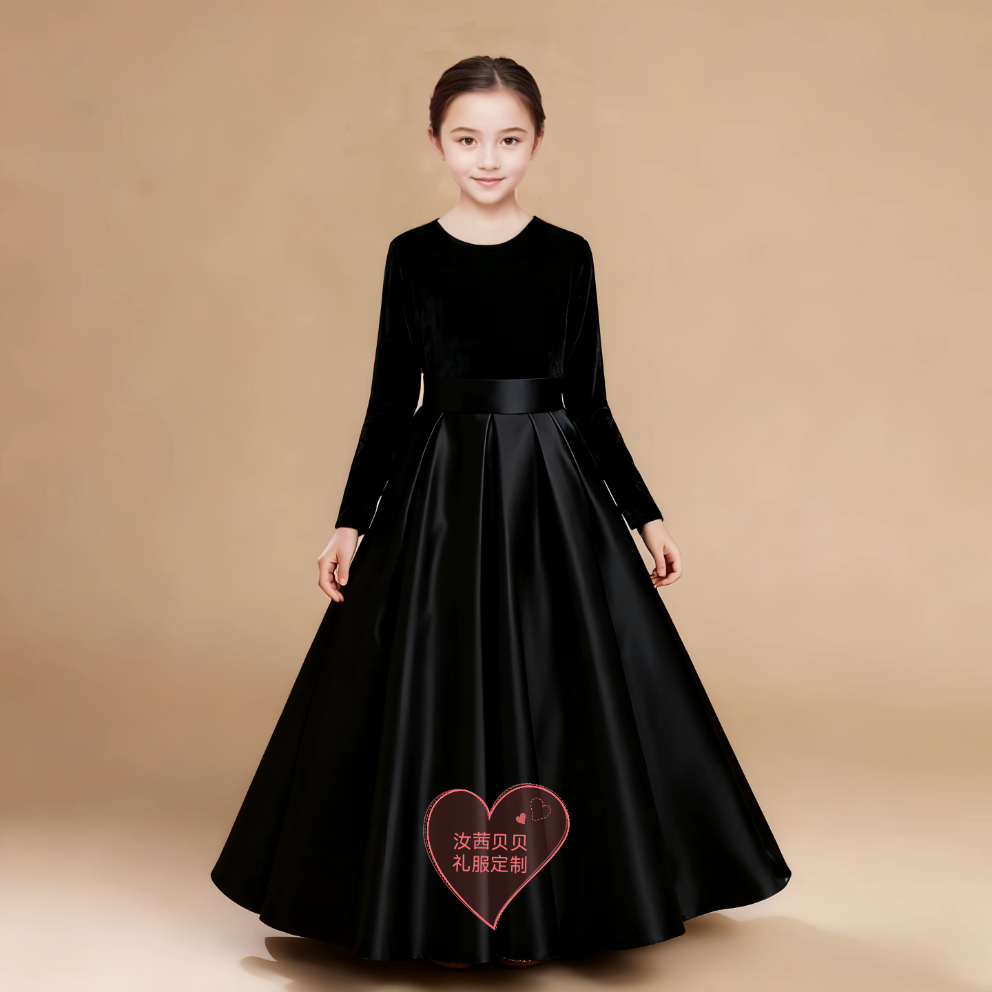 女童长袖礼服纯黑色丝绒显瘦保暖