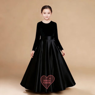 女童长袖 礼服纯黑色丝绒显瘦保暖演出服指挥儿童乐团合唱团服秋冬