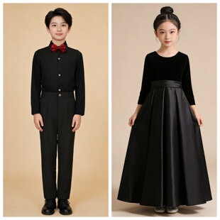 大童全黑丝绒齐脚踝长裙管乐团提琴钢琴中长袖礼服男女儿童演出服