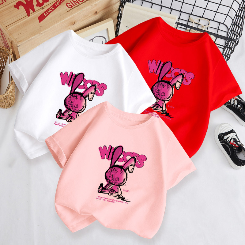 女童兔子短袖T恤2024夏季新款洋气儿童圆领上衣中大童体恤小女孩