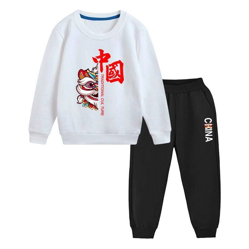 儿童红色套装春秋款纯棉白色上衣黑色裤子小学生幼儿园班服运动会