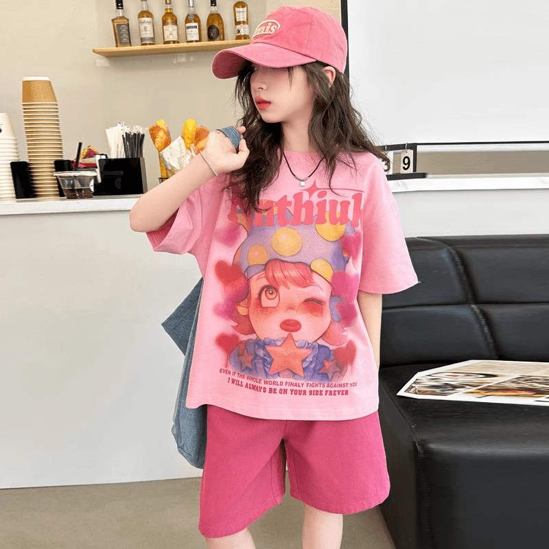 韩版短袖休闲女女童大童夏装2025洋气夏季两件套新款套装舒适短裤