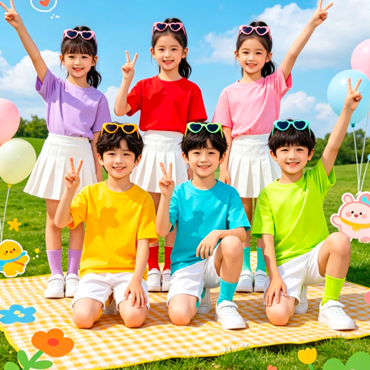 儿童糖果彩色短袖t恤小学生毕业班服幼儿园亲子运动会多巴胺套装