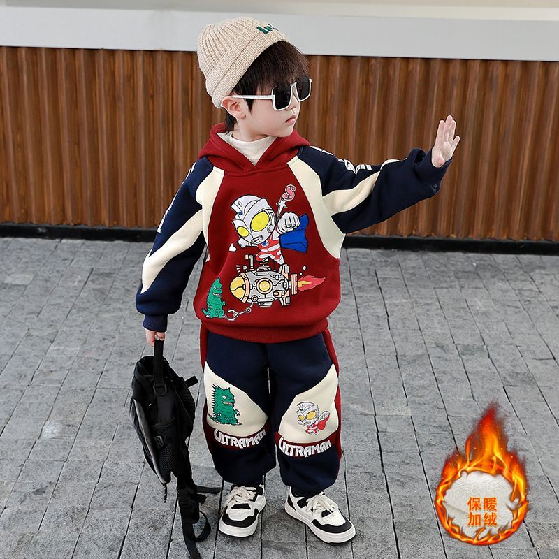 男童加绒加厚套装2024新款痞帅男孩子秋冬季奥特曼衣服潮宝宝冬装