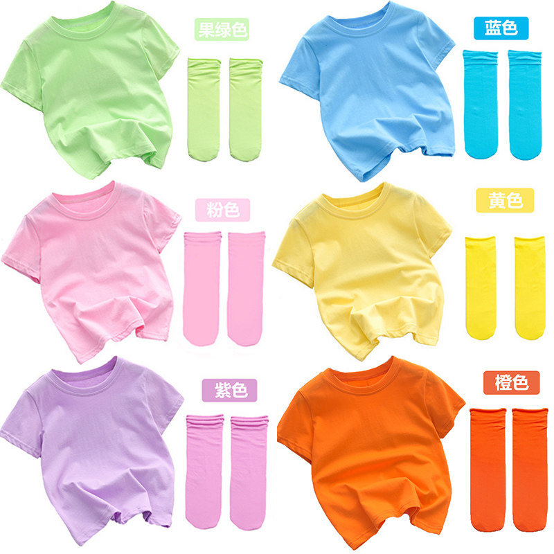儿童夏季糖果彩色纯色短袖T恤配袜子小学生纯棉毕业班服幼儿园