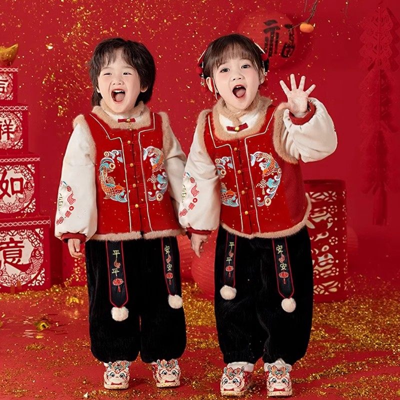 汉服男童拜年服儿童喜庆过年服女童国风唐装加绒套装宝宝新年衣服