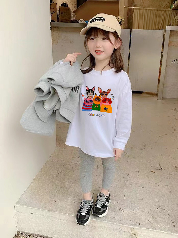 童装2022春秋新款女童长袖t恤纯棉儿童打底衫宝宝白色中长款上衣