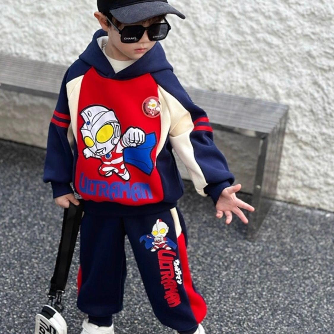 奥特曼衣服男童秋装套装2024新款洋气酷帅男宝秋冬加绒卫衣两件套