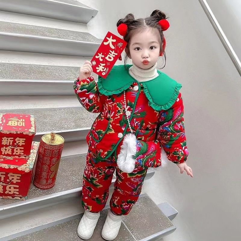 东北大花棉袄儿童宝宝冬季棉服新款套装冬装女童拜年衣服加厚棉衣