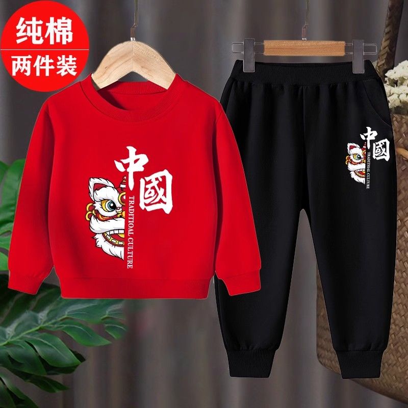 中国风男女童长袖卫衣圆领纯棉春秋新款中小童宝宝休闲运动套装潮