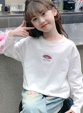 女童长袖T恤春秋款2025新款宽松女孩秋季上衣儿童秋装白色打底衫