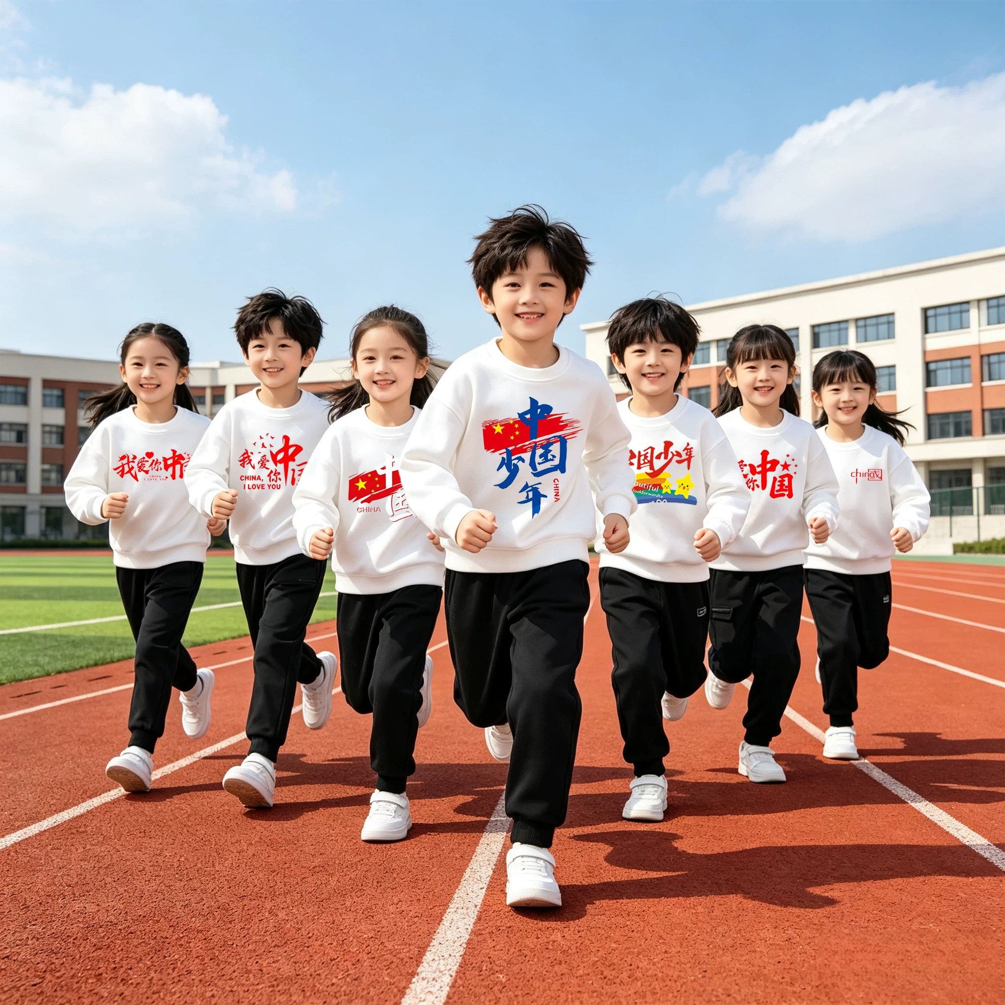 爱国主题白色卫衣黑色裤子套装小学生运动会班服儿童春秋款运动装