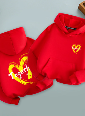 儿童红色卫衣秋冬季连帽加绒亲子装运动会演出服幼儿园小学生班服