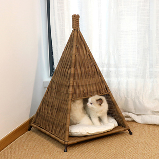 藤编猫窝仿藤创意帐篷金字塔城堡宠物凉窝干爽透气四季可用猫屋房