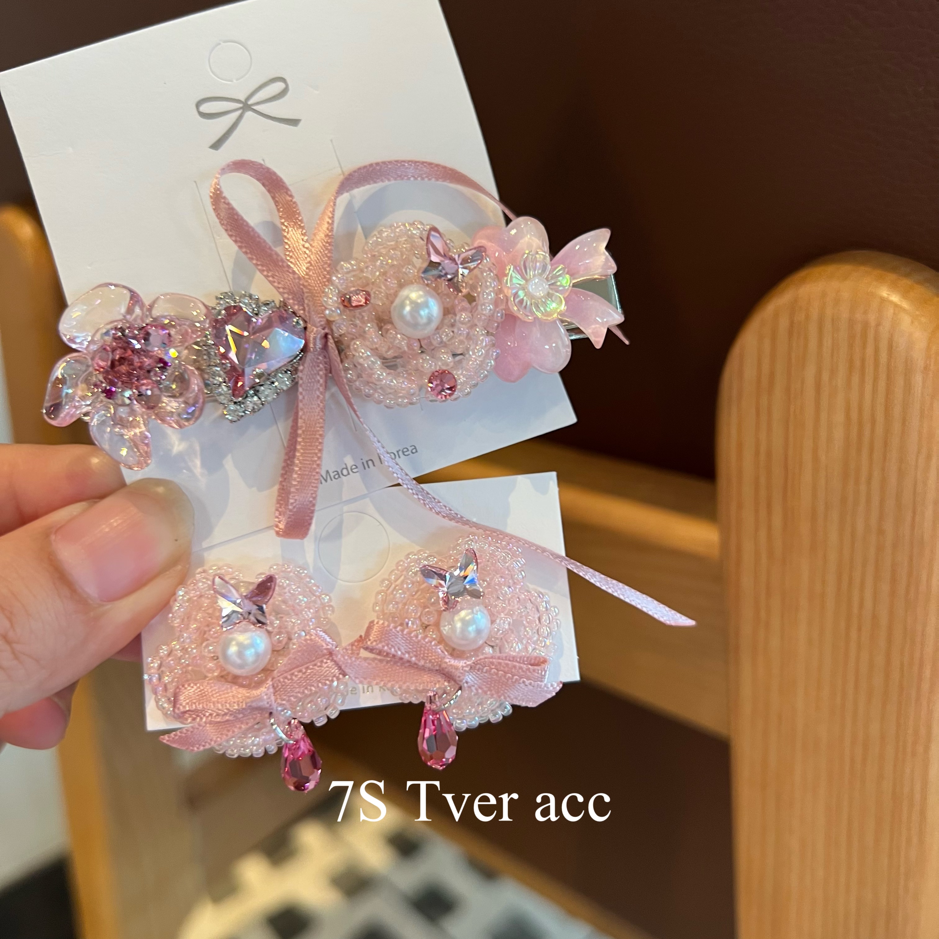Tveracc韩国正品樱花粉蝴蝶结耳环 手工限量 蝴蝶结发夹精致