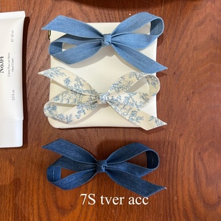 tver 发饰女蓝色氛围感ins Acc韩国进口印花蝴蝶结牛仔发夹