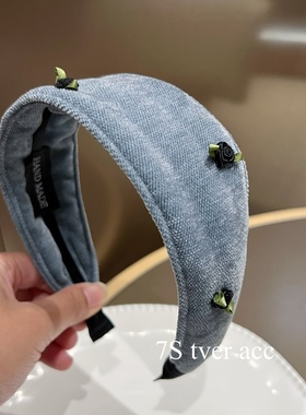 韩国进口带玫瑰花发箍灰蓝女高级感宽边头箍发饰专柜同款