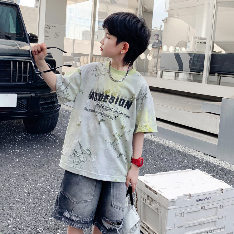 男童夏季短袖t恤扎染儿童夏装2025新款夏天体恤薄款运动男孩上衣