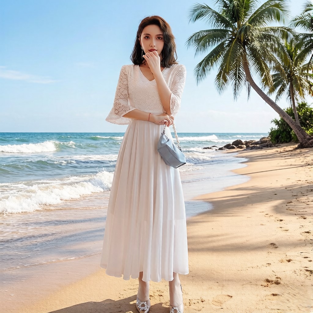 高级感白色时尚女装蕾丝雪纺假两件连衣裙夏季短袖气质显瘦长裙女