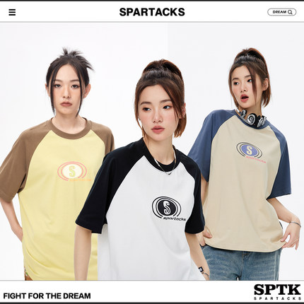 SPARTACKS美式潮牌复古印花T恤休闲宽松插肩袖情侣重磅280g短袖