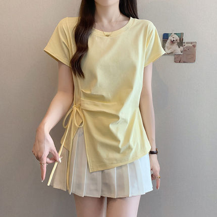 奶黄色正肩短袖T恤女生夏季时尚洋气减龄收腰不规则显瘦个性上衣